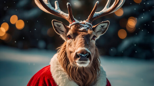 Hipster reindeer dressed as Santa with red nose, velvet coat, and lights on antlers. Photorealistic modern Christmas portrait.