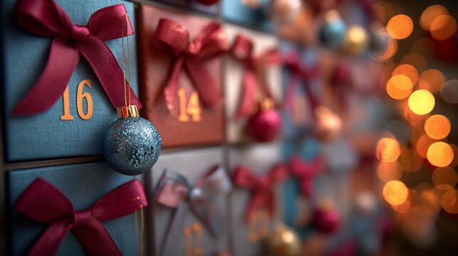 Colorful advent calendar with numbered boxes and decorative ornaments. Soft bokeh lights in the background create a festive atmosphere.