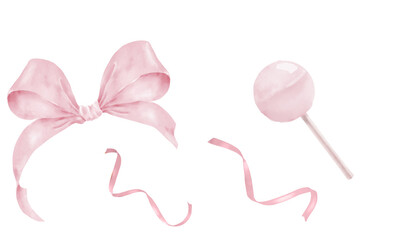 Cute pink bow and lollipop. Watercolor digital illustration. The set, the concept of a girl with bows and sweets, is isolated on a white background. For birthdays, holidays, and children's textiles.
