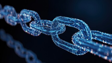 Abstract low-poly blue digital chain with glowing connection dots and lines on dark background, representing blockchain technology, data security, digital network, encryption, cyber connection, and in