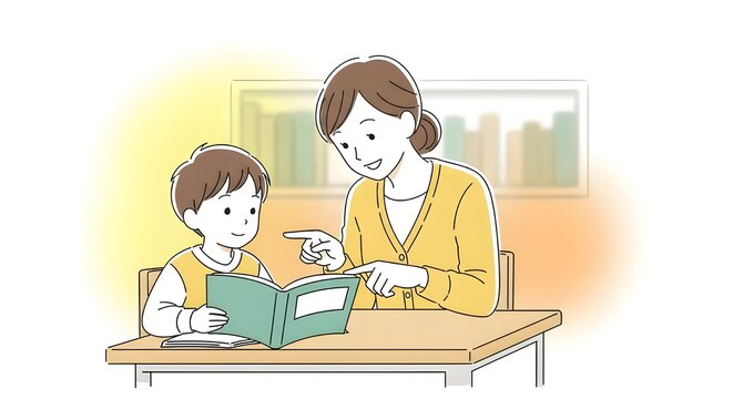 Teacher helping young student with reading, warm color tones, simple illustration style, nurturing atmosphere