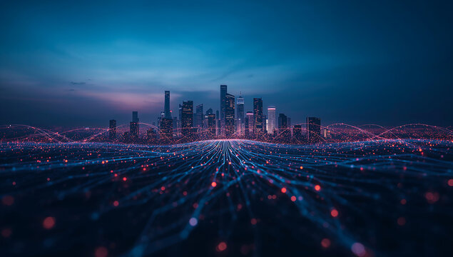 Futuristic cityscape with data streams and glowing lights at dusk