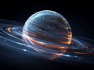Glowing sphere surrounded by swirling light trails on a dark background abstract rendering