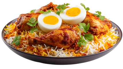 Chicken biryani with boiled egg and garnish isolated on transparent background