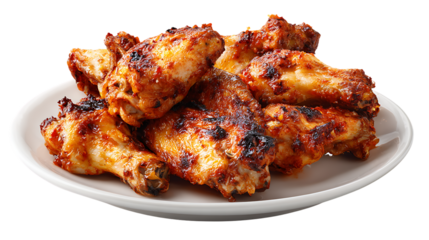 Plate of crispy baked chicken wings isolated on transparent background