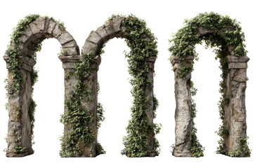 Three weathered stone arches, overgrown with foliage