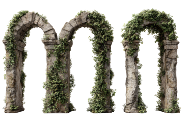 Three weathered stone arches, overgrown with foliage