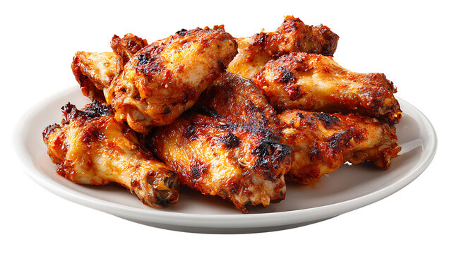 Plate of crispy baked chicken wings isolated on transparent background