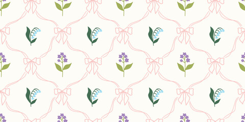 Coquette Floral trellis seamless pattern with bows and ribbons. Preppy spring summer hand drawn flowers. Botanical elegant trendy print. Vintage design for fabric, wallpaper, decor, background, paper