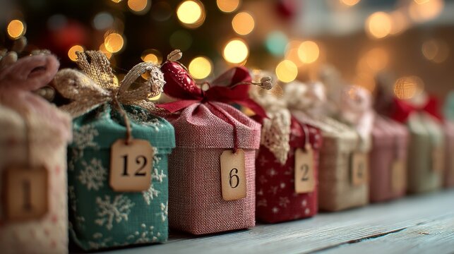 Colorful wrapped gifts arranged in a row, each labeled with a number. Soft bokeh lights in the background create a festive atmosphere. Perfect for Advent calendar themes. - Powered by Adobe