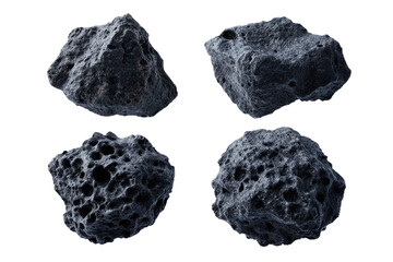 Four dark gray, textured space rocks, arranged in a grid