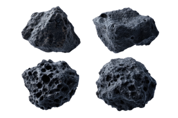 Four dark gray, textured space rocks, arranged in a grid