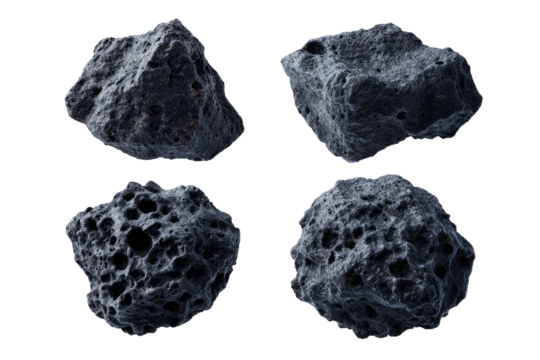 Four dark gray, textured space rocks, arranged in a grid