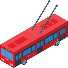 Isometric Red Trolleybus With Blue Windows And Grey Poles On A White Background With A Transparent Background