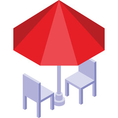 Isometric Red Umbrella With Two Chairs In Outdoor Cafe Setting For Relaxation And Dining With Transparent Background