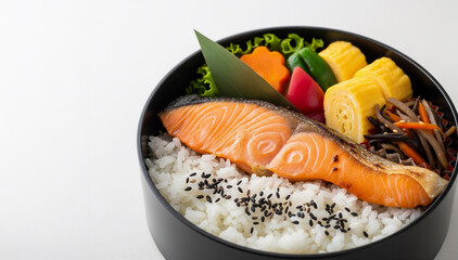 彩り豊かな和食弁当：食欲をそそる焼き鮭とヘルシーなおかず