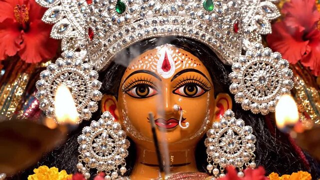 72_A woman wearing a traditional red and white saree in durga puja pandal with religious decorations Her face is decorated with red vermilion and she holds a plate of red vermilion in her h 15698499 1