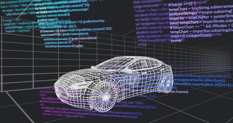 On playback start code snippets scrolling across 3D wireframe car model grid scene visualizing data - Powered by Adobe