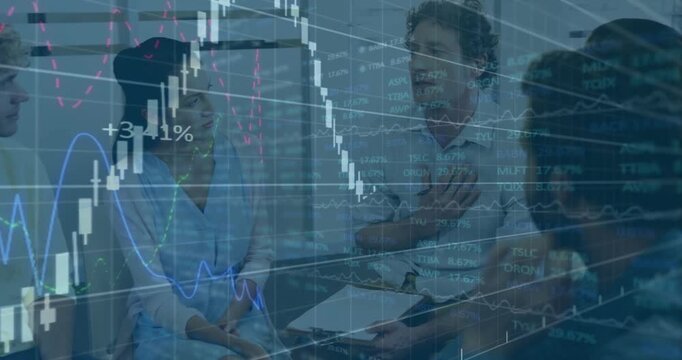 analyst speaking, initiating animated financial chart rising and dipping as team analyzing results