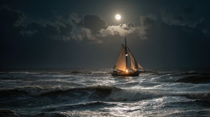A High Resolution image of sailboat sailing on the ocean under a full moon at night.
