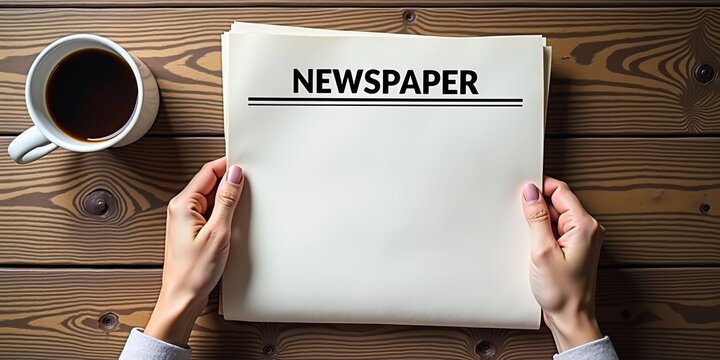 Blank newspaper mockup for news headline template held by woman's hands with coffee cup on a wooden desk. Top view.
