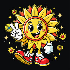 Fototapeta premium cheerful cartoon sunflower character radiating positivity against a black, star-speckled backdrop, giving peace sign