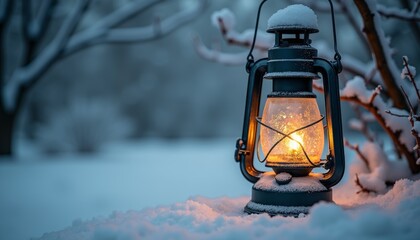 Vintage lantern glowing warmly on snow-covered surface outdoors. Snowfall and frosty branches create a serene winter scene. Perfect for Christmas, New Year, greetings, packaging.