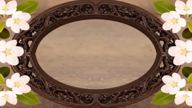 An oval brown decorative frame adorned with white flowers and green leaves