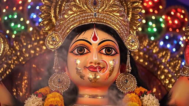 94_Hindu festival Durga puja goddess Durga mata face in the golden gradient background_4K_10s 98808782 1