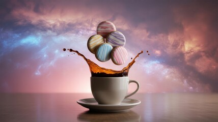 Coffee splash with stacked striped cookies against colorful sky liquid beverage