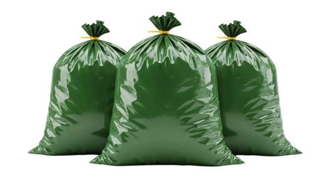 Illustration of three green garbage bags isolated on transparent background