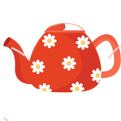 Decorative Red Teapot with White Daisy Flowers Pattern Isolated on Transparent Background Featuring Orange Handle and Spout