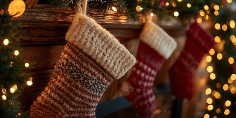 Festive Fireplace with Knitted Stockings and Golden Lights