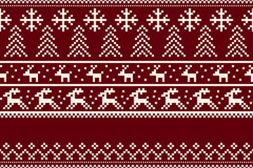 Christmas and New Year.  Christmas seamless ethnic pattern. Christmas ethnic pixel pattern with Nordic flowers, reindeers, pine trees, baubles, bell, present for winter hats, ugly sweaters and jumper.