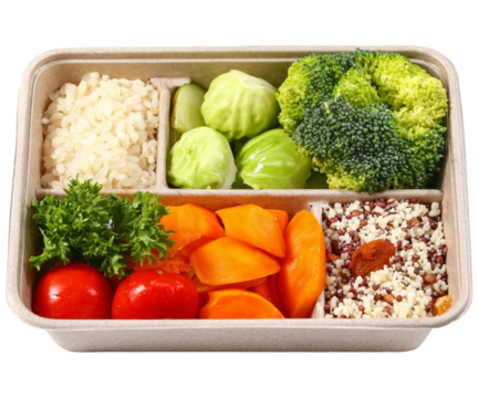 Nutritious divided meal box packed with fresh colorful vegetables and grains healthy eating