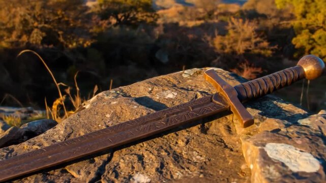 A medieval sword rests atop a weathered rock, golden sunlight illuminating the scene