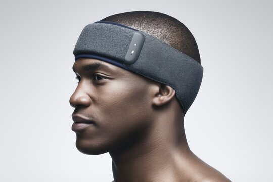 Innovative athletic model showcasing advanced fitness technology with a sleek smart headband illustrating a harmonious blend of modern design and enhanced performance