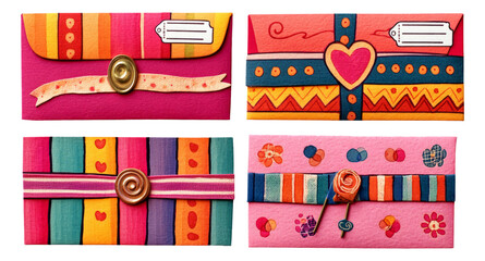 Colorful Decorative Envelopes with Unique Designs and Patterns on Bright Background
