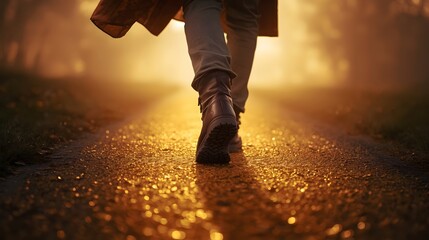 Lone Person Walking on Golden Light Path - Journey Future Hope Focus