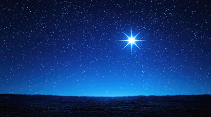 Bright shining Star of Bethlehem on dark blue starry night sky. Star of Jesus, Christmas Star. Nativity of Jesus Christ, birth of Jesus, Christmas Eve. Christian religion concept