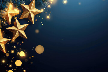 Christmas and New Year banner with gold stars with shimmering bokeh lights on dark blue background. Holiday web, print designs, Christmas greeting cards, festive bokeh lights