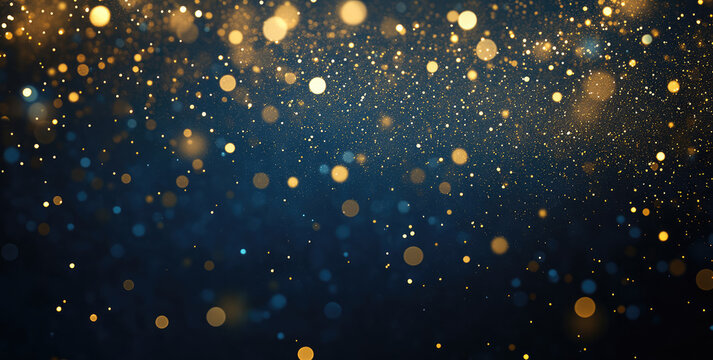 abstract background with Dark blue and gold particle. Christmas Golden light shine particles bokeh on navy blue background. Gold foil texture. Holiday concept.