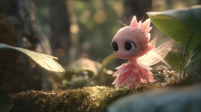 Enchanting Forest: Whimsical Fairy Character in Sun-Dappled Glade with Magical Atmosphere