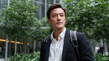 Confident young Asian man in a smart casual office outfit with a backpack, walking through a modern business district. Concept of success, ambition, and professional lifestyle