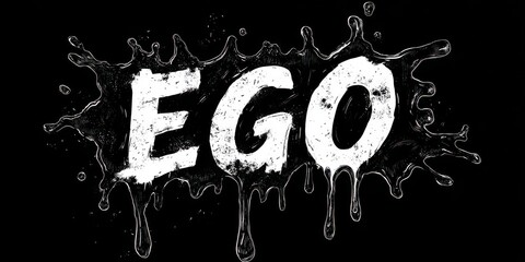 A High Resolution image of word ego written in white with a water splash effect on black background.