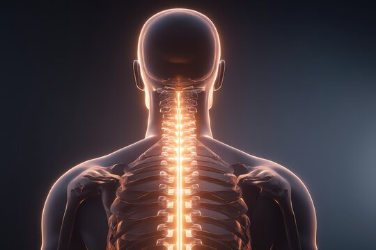 Anatomical representation of a modern human spine illuminated with glowing effects showcasing the intricate skeletal structure emphasizing anatomical continuity and physiological harmony