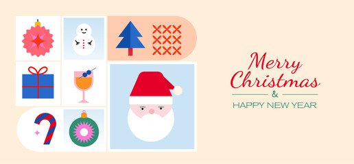 Merry Christmas colorful banner in modern minimalist geometric style on a beige background. Vector illustration for holidays.