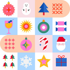Colorful seamless pattern in modern minimalist geometric style. Festive pattern with snowflakes, toys and a snowman.