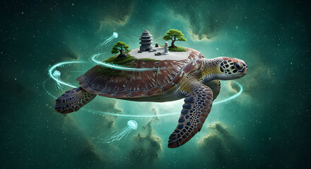 Turtle carrying a small island with a pagoda in space