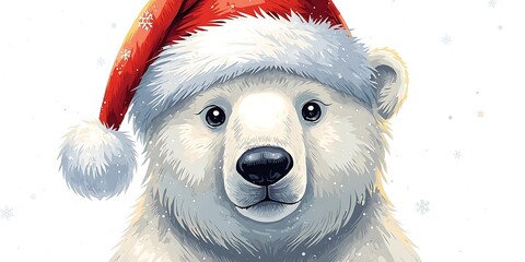 Charming Winter Illustration of a Polar Bear in Santa Hat